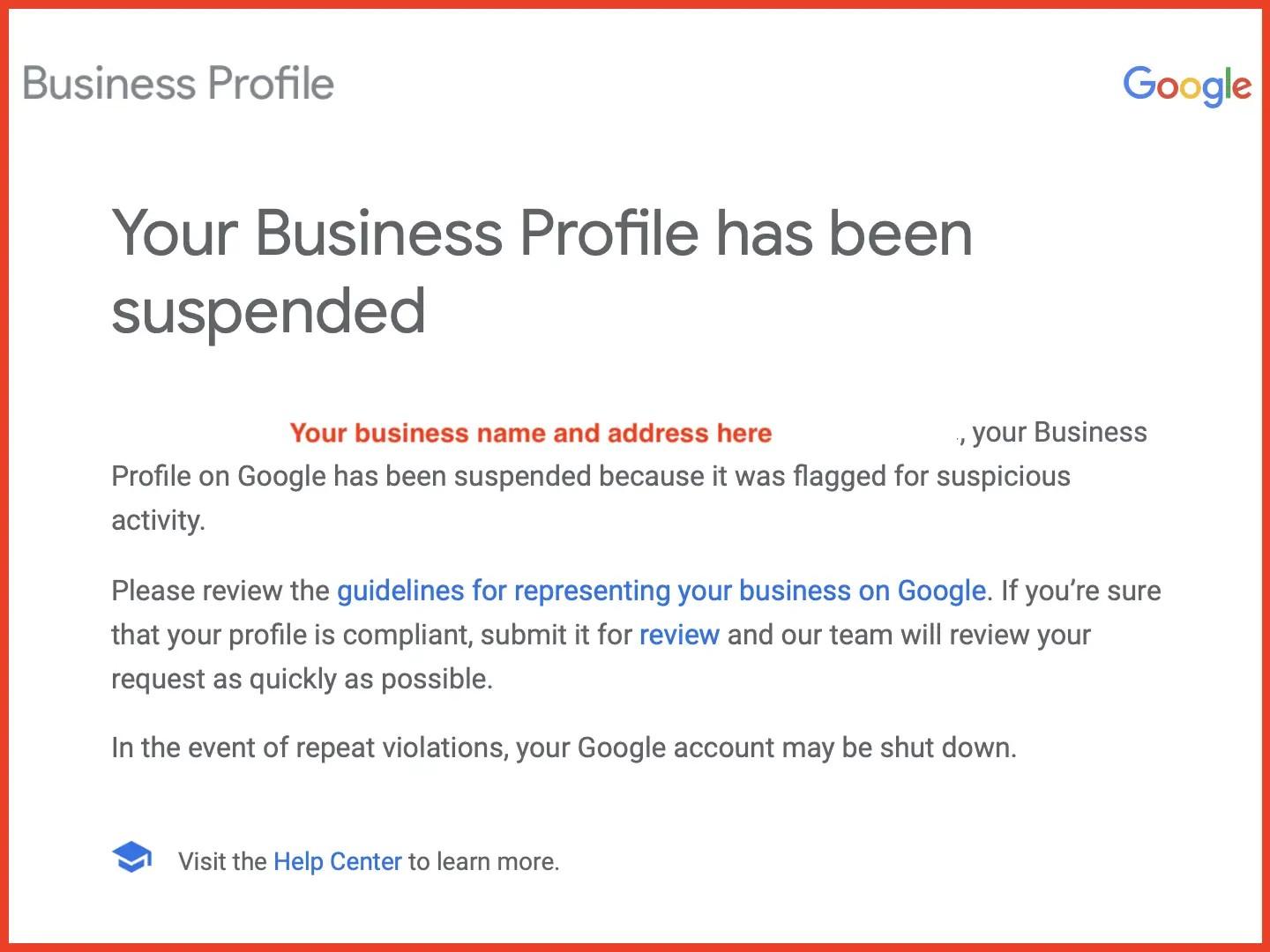 GBP Suspension - Google notice