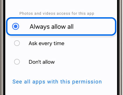 An app's permissions screen with Always allow all highlighted with a blue box.