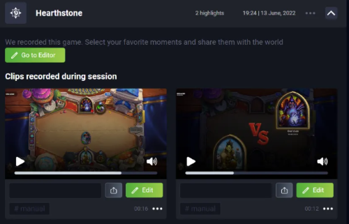 A screen in the Buff app showing recordings of game sessions. 