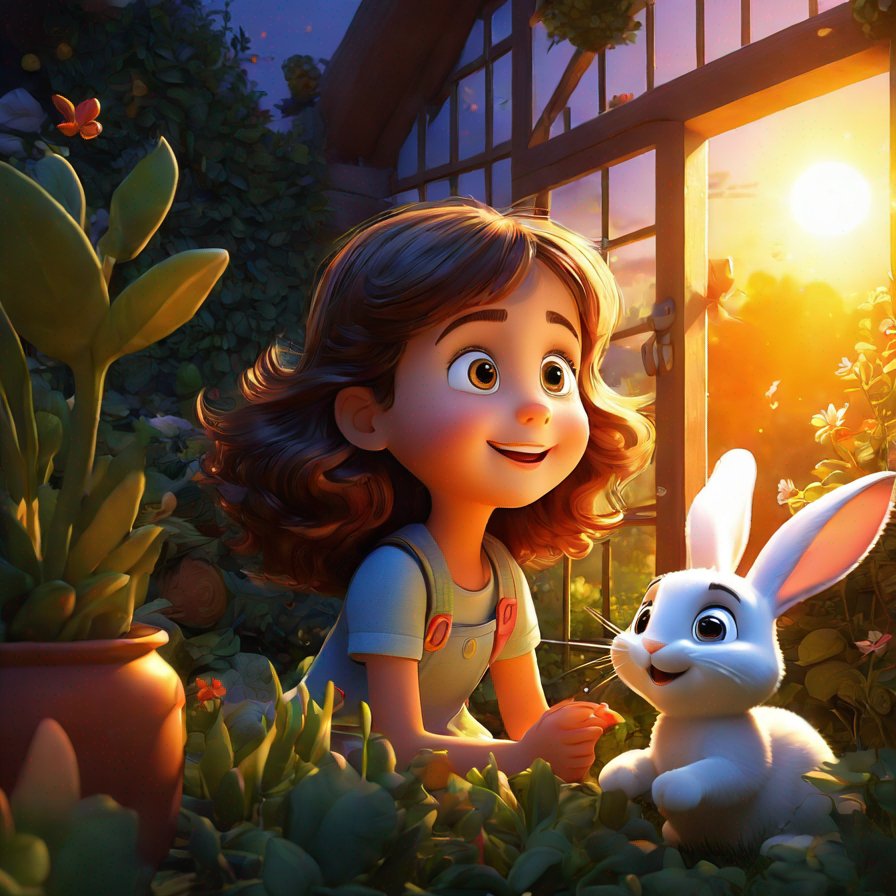 girl, worried, talking to rabbit, fairy flying, moving plants to sunlight, garden vibrant at sunset