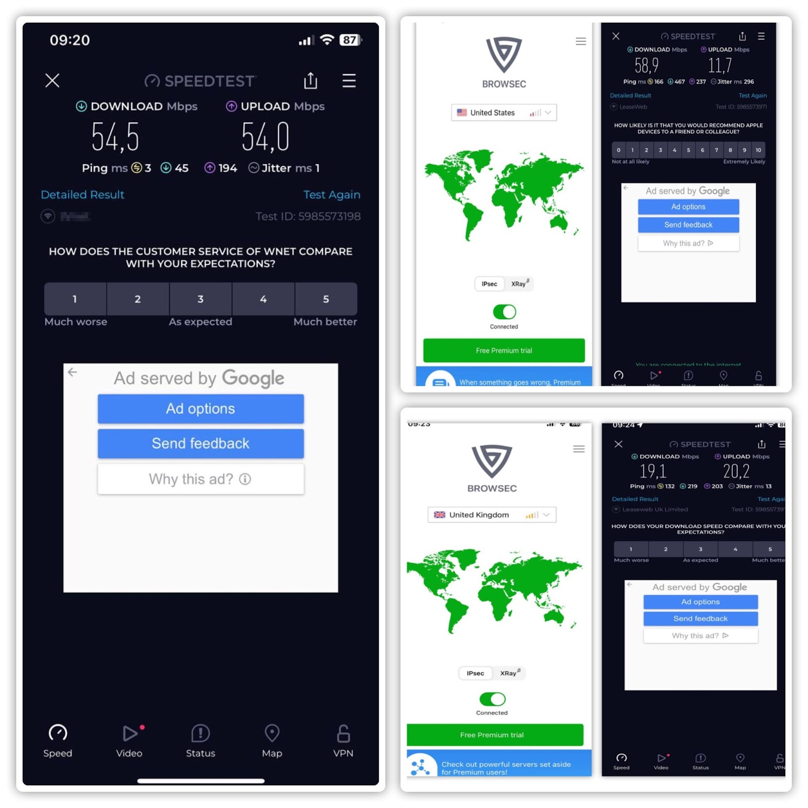 Speed test of Browsec VPN for iOS