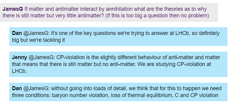 A screenshot of students talking to LHCb scientists about antimatter