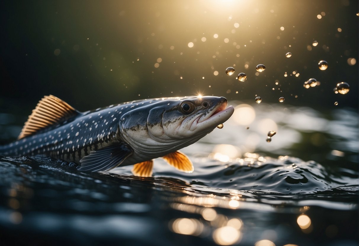 A sturgeon fish swims gracefully, its shimmering scales catching the light as it releases a stream of tiny, glistening caviar eggs into the water