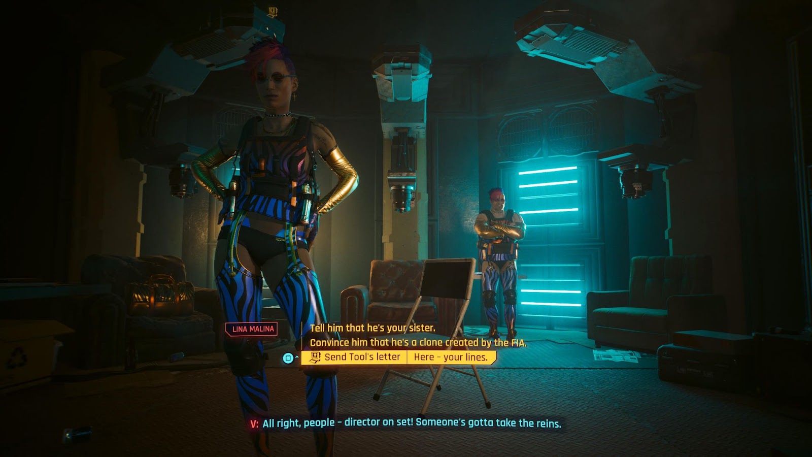 An in game screenshot of the character Lina Malina from the game Cyberpunk 2077. 