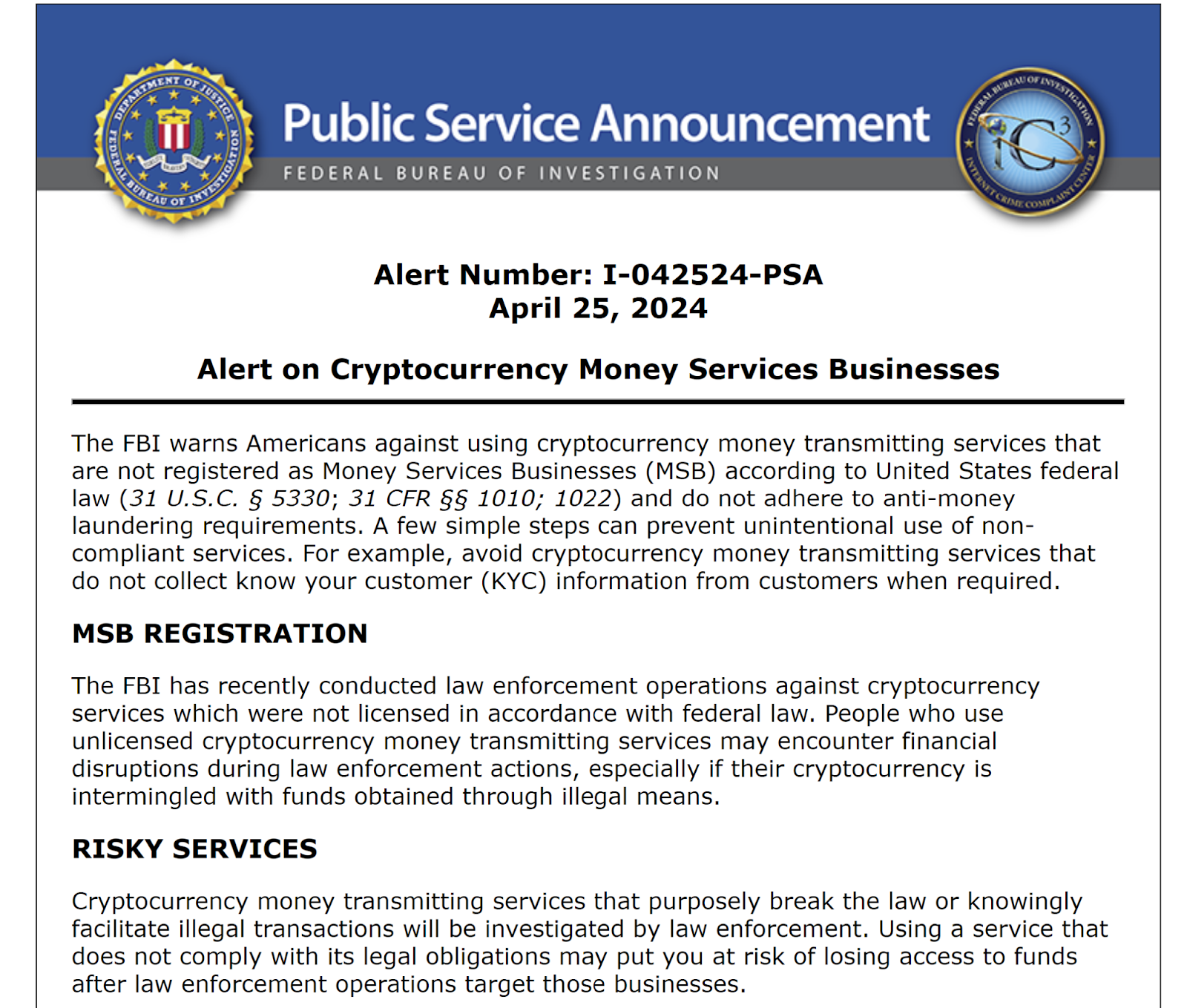 Captura de pantalla de la alerta del FBI que advierte contra el uso de empresas no registradas