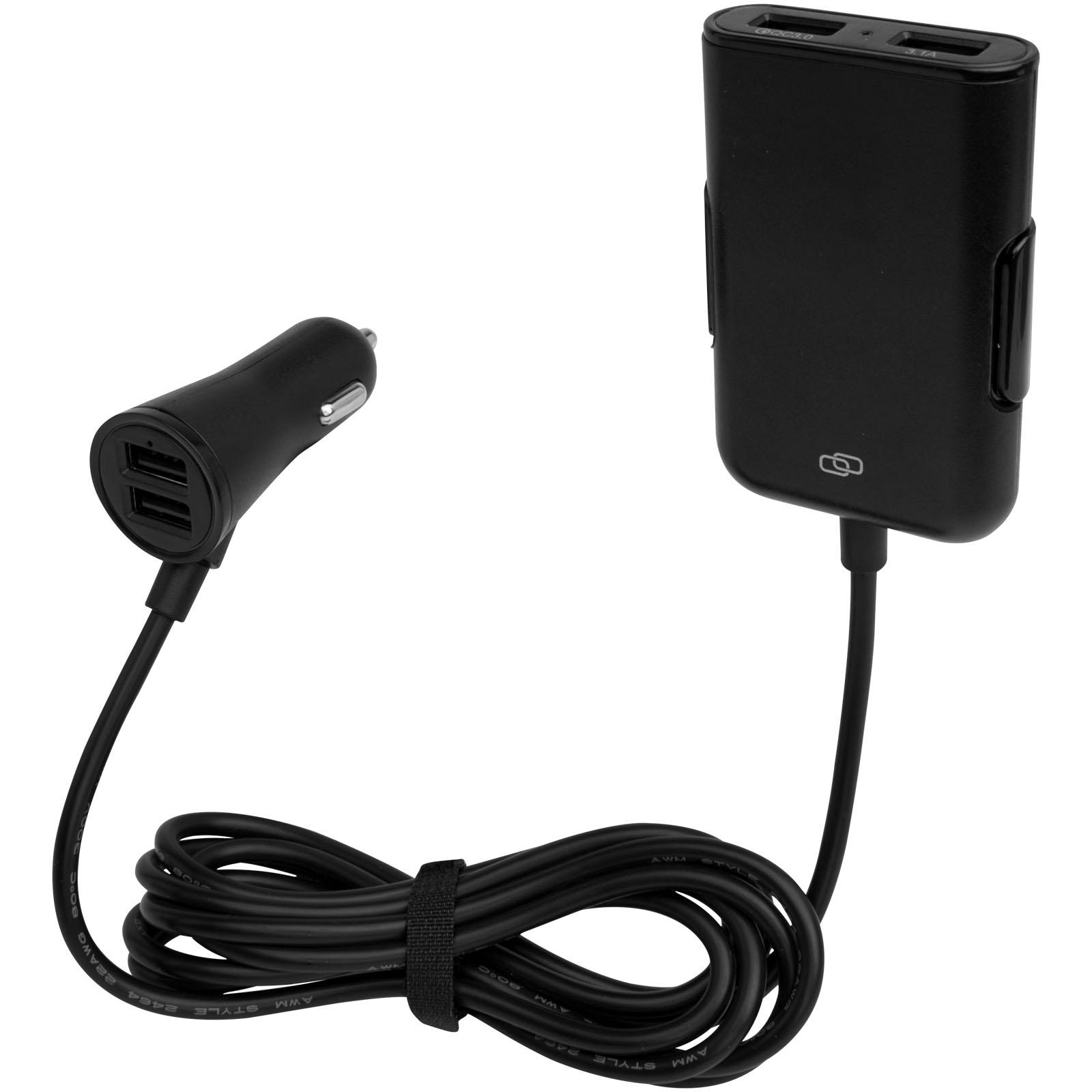 A black car charger with a cable

Description automatically generated