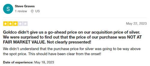 A three-star Goldco review from someone who claims they were not charged fair market value for silver. 