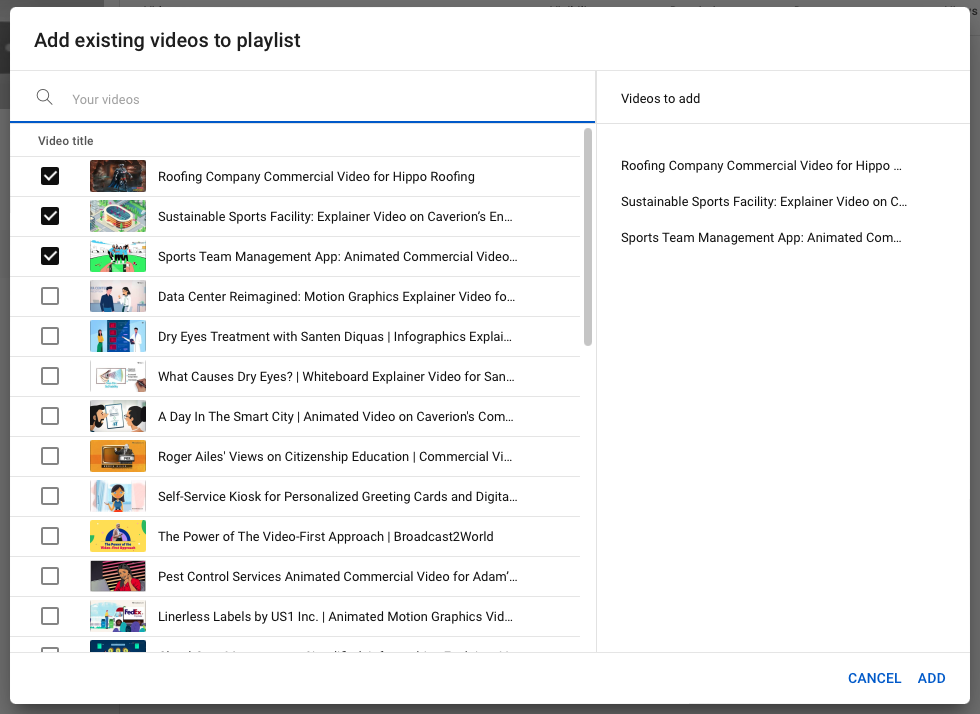 selecting videos to add to youtube playlist