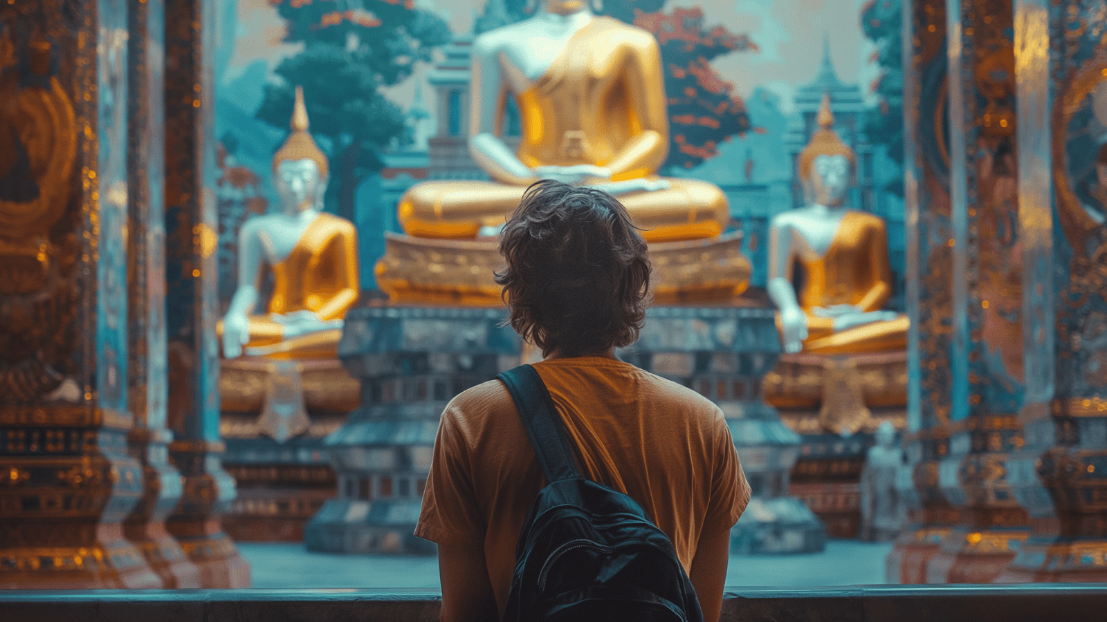 A traveler admiring golden Buddha statues in a Thailand temple