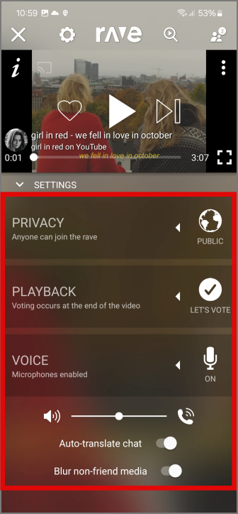 voice channel and other settings in rave app