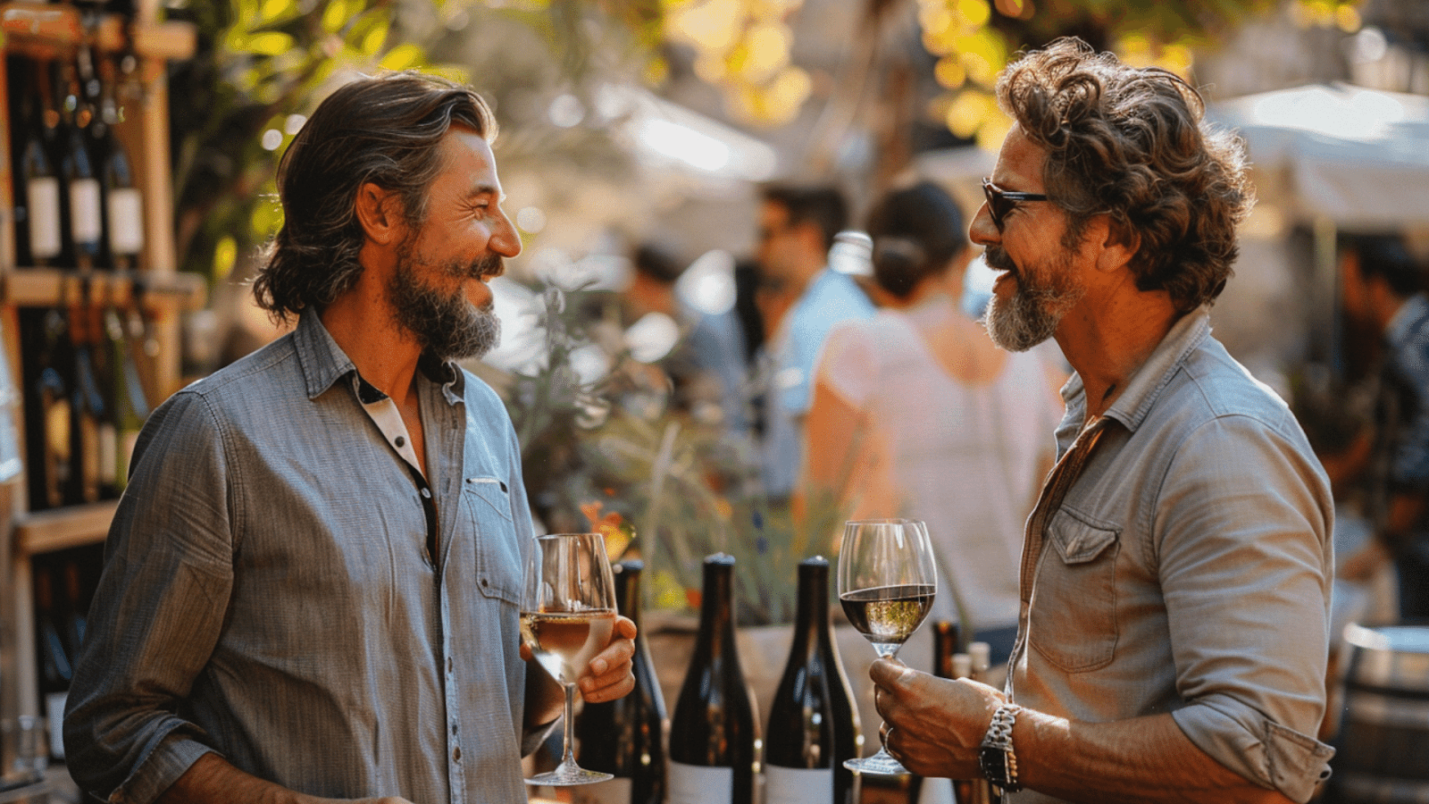 Two men sharing a toast at a wine tasting event in Pollensa.