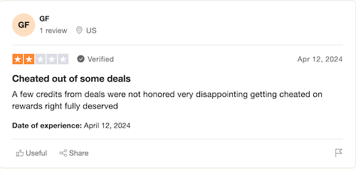 A negative Trustpilot review from a Flash Rewards user who says they were cheated out of rewards for some deals.  