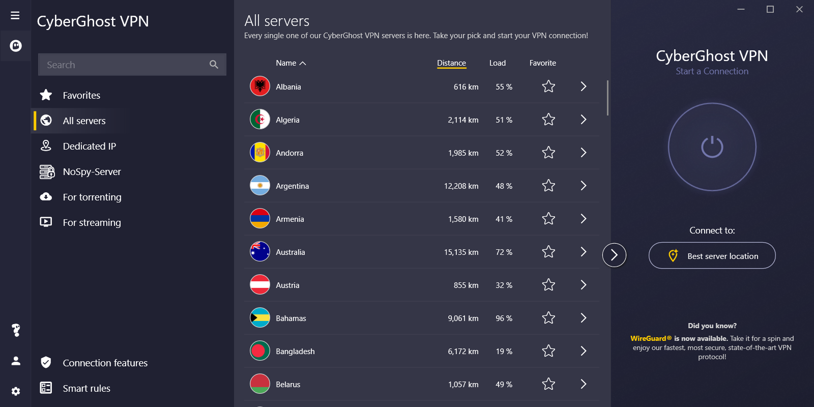 Captura de tela do aplicativo CyberGhost VPN para Windows mostrando uma ampla seleção de servidores
