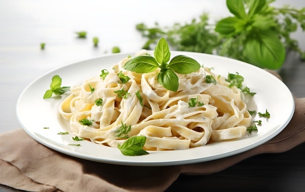 Alfredo pasta sprinkled with herbs, served on a plane white plate