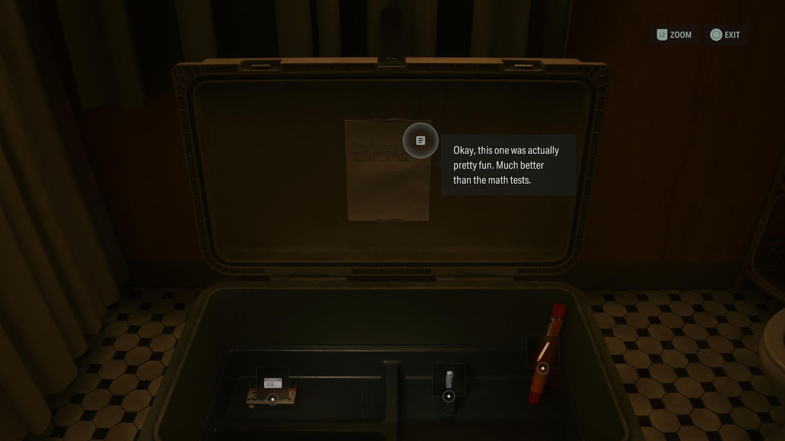 An in game screenshot of the cult stash rewards in the rental cabins area in Cauldron Lake from Alan Wake 2