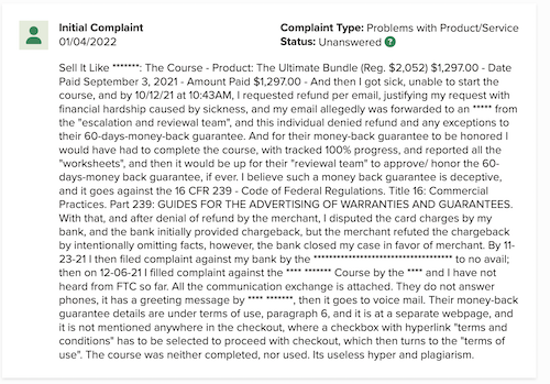 A Sell it Like Serhant course complaint on the BBB website from someone had issues getting a refund. 