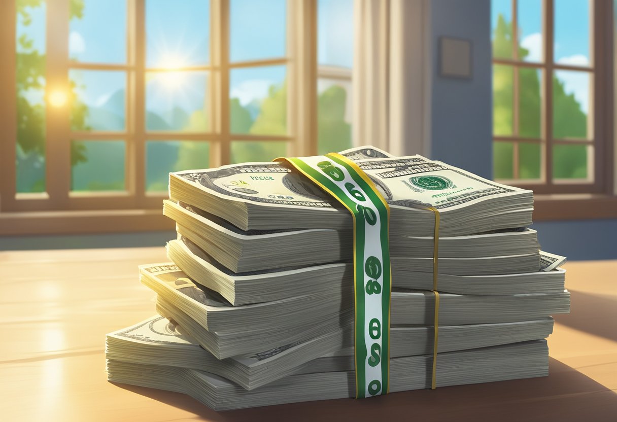 A stack of cash sits on a table next to a house key and a "For Sale" sign. The sun shines through a window, casting a warm glow on the cash