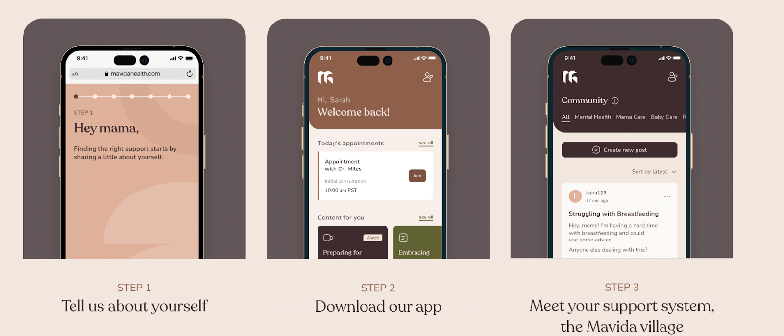 Three smartphone screens showing: step 1: tell us about yourself, step 2: download the app, step 3: meet your support system, the Mavida village.