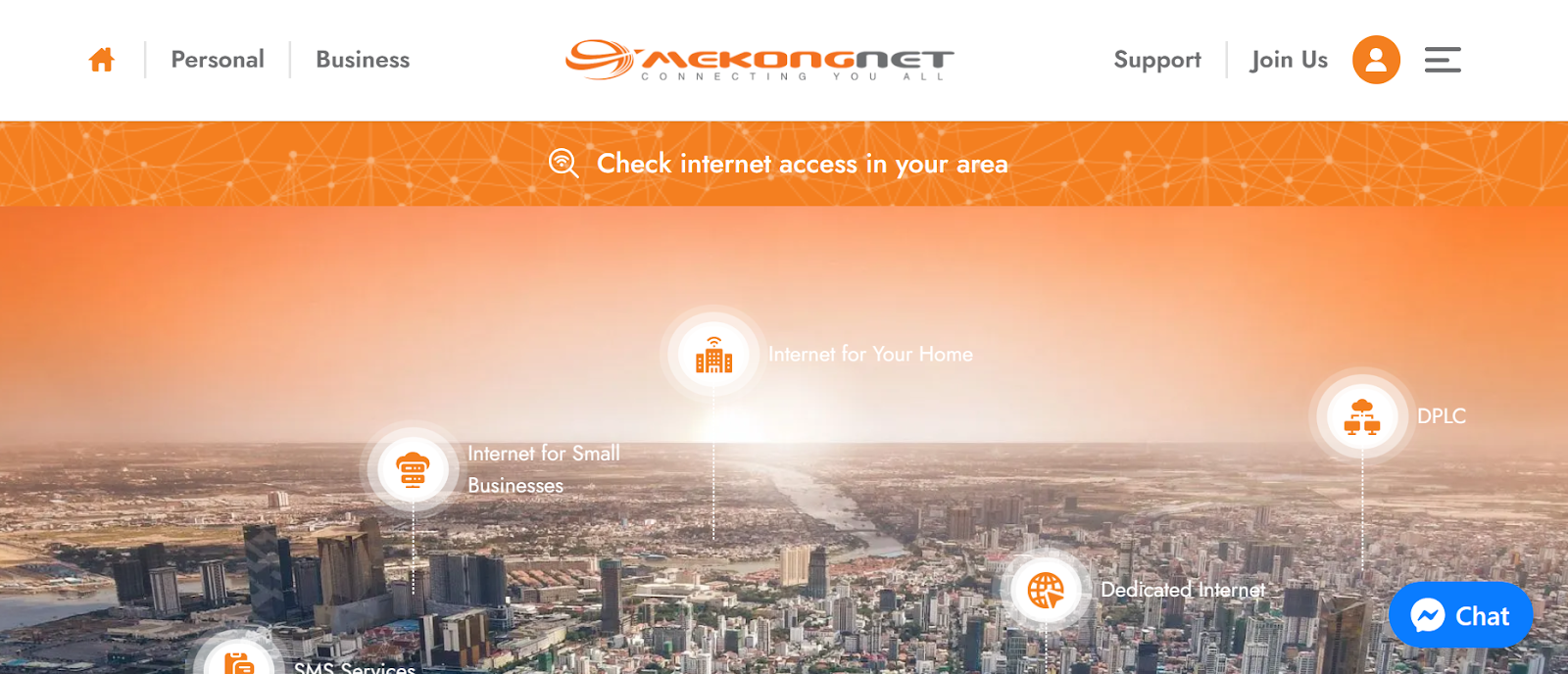 MekongNet website snapshot highlighting the services it offers.