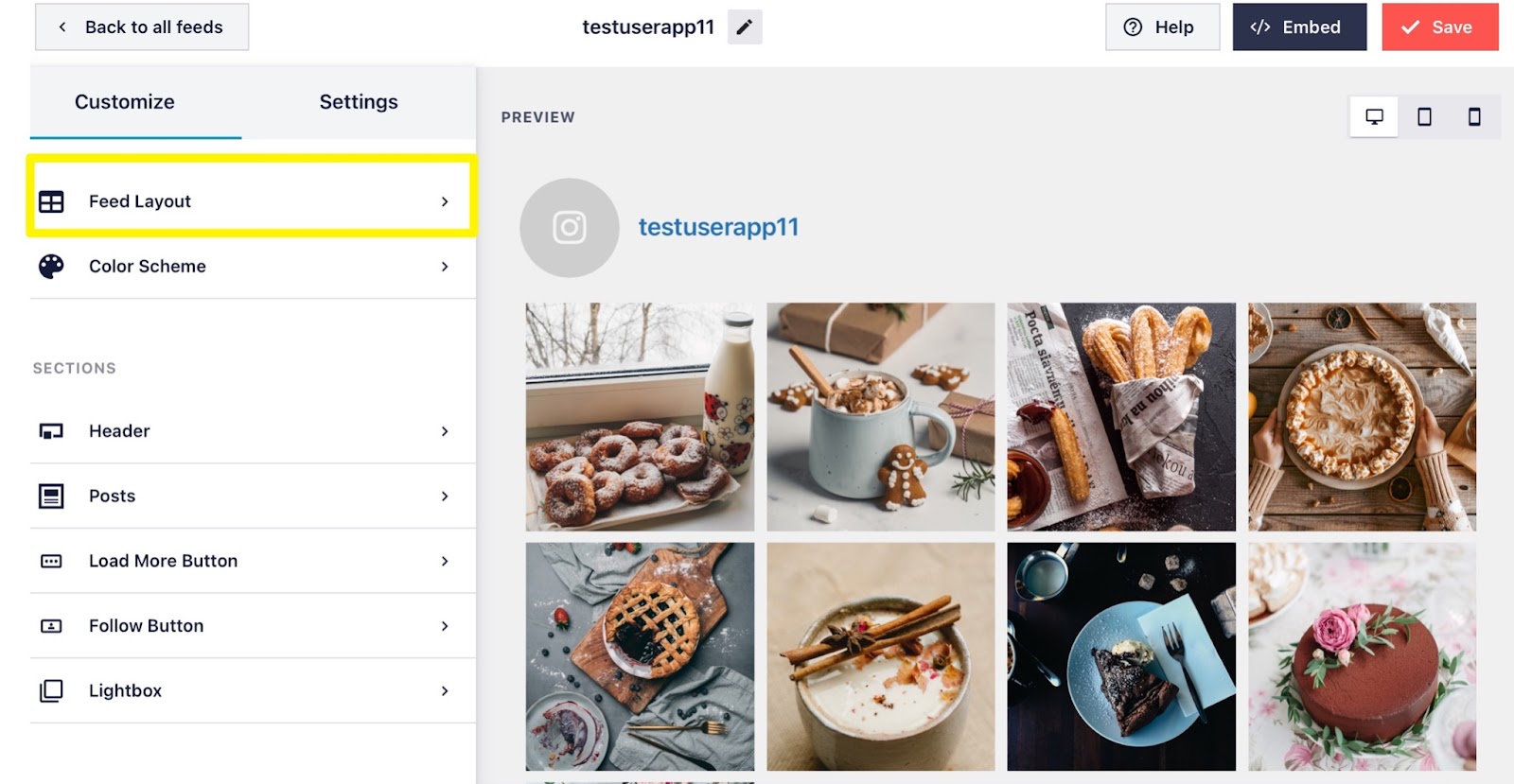 Screenshot of customizing your Instagram feed using Smash Balloon plugin. 