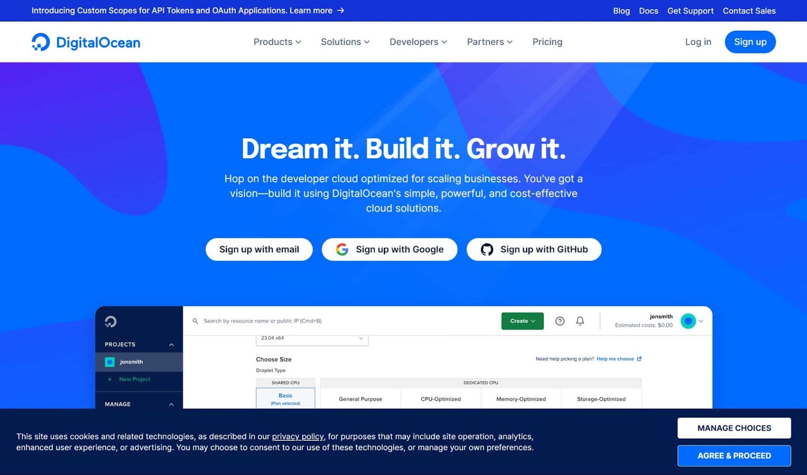 Screenshot of DigitalOcean website