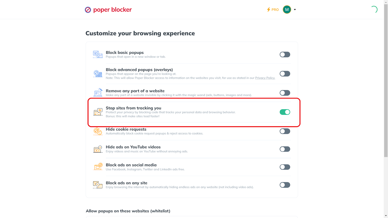 Poper blocker's tracker blocking feature