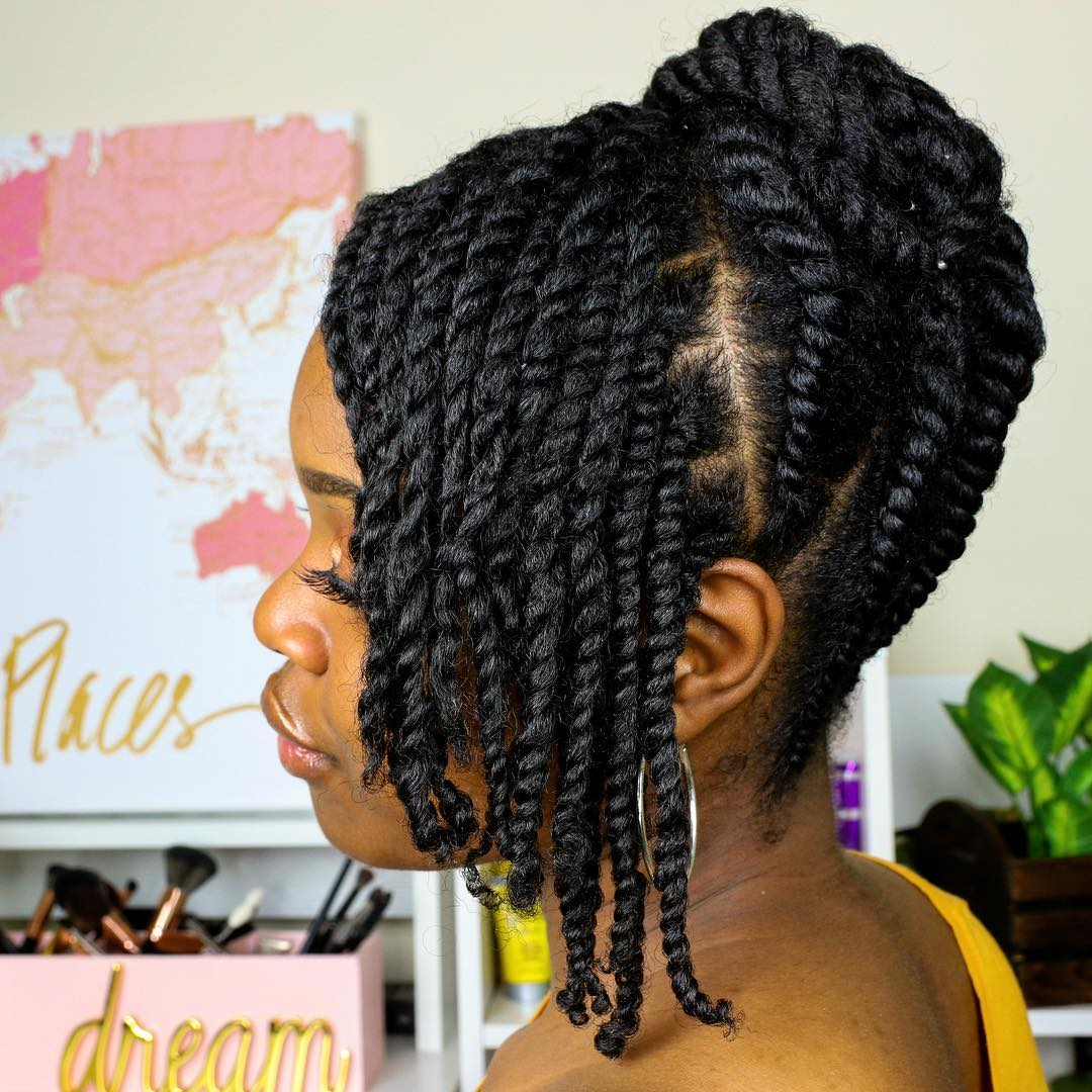 Upswept Hairstyle with Twisted Layered Bangs Protective Box Braids Hairstyles