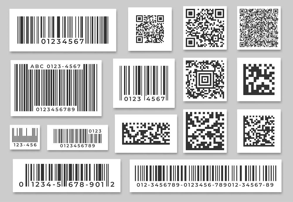 assortment showing 1d vs 2d barcode labels