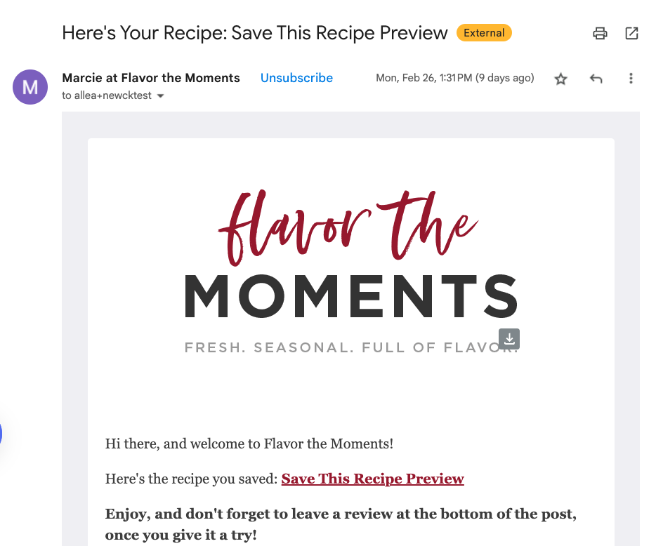 Example from Flavor the Moments Blog of what the email will look like when viewing the preview in ConvertKit for email marketing for bloggers