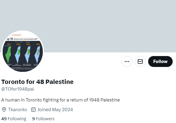 A screenshot of the pro-Palestine account on Twitter. The name is Toronto for 48 Palestine. The handle is @TOfor1948pal. The photo is a screenshot of an Al Jazeera picture showing the loss of Palestinian lands over decades. Th join date is May 2024. The location is Tkaronto. 49 following and 9 followers. The bio is "A human in Toronto fighting for a return of 1948 Palestine"