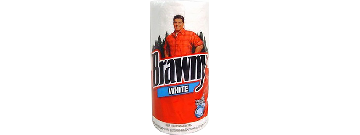 A rollof BRAWNY paper towels featuring illustration of large white man and the towels are labelled WHITE