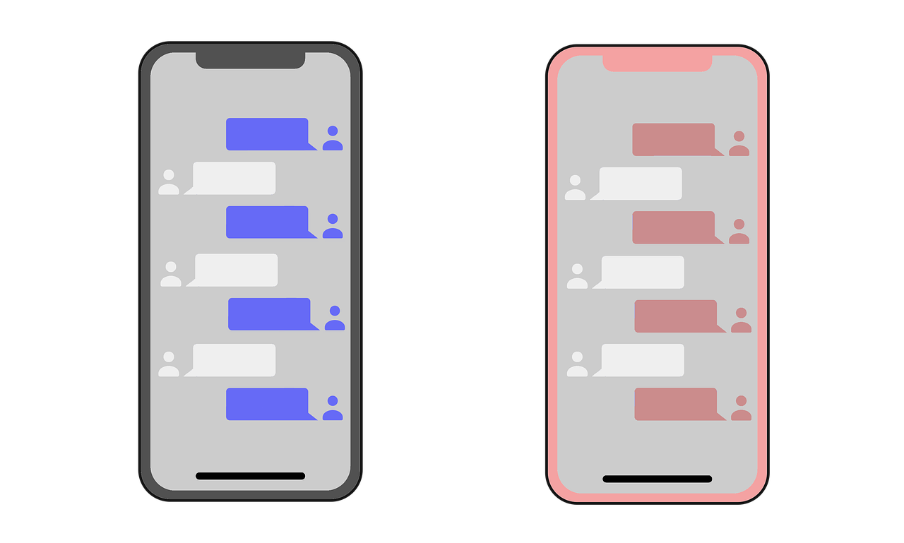 Two Phones showing distinct messages, each in a different color.