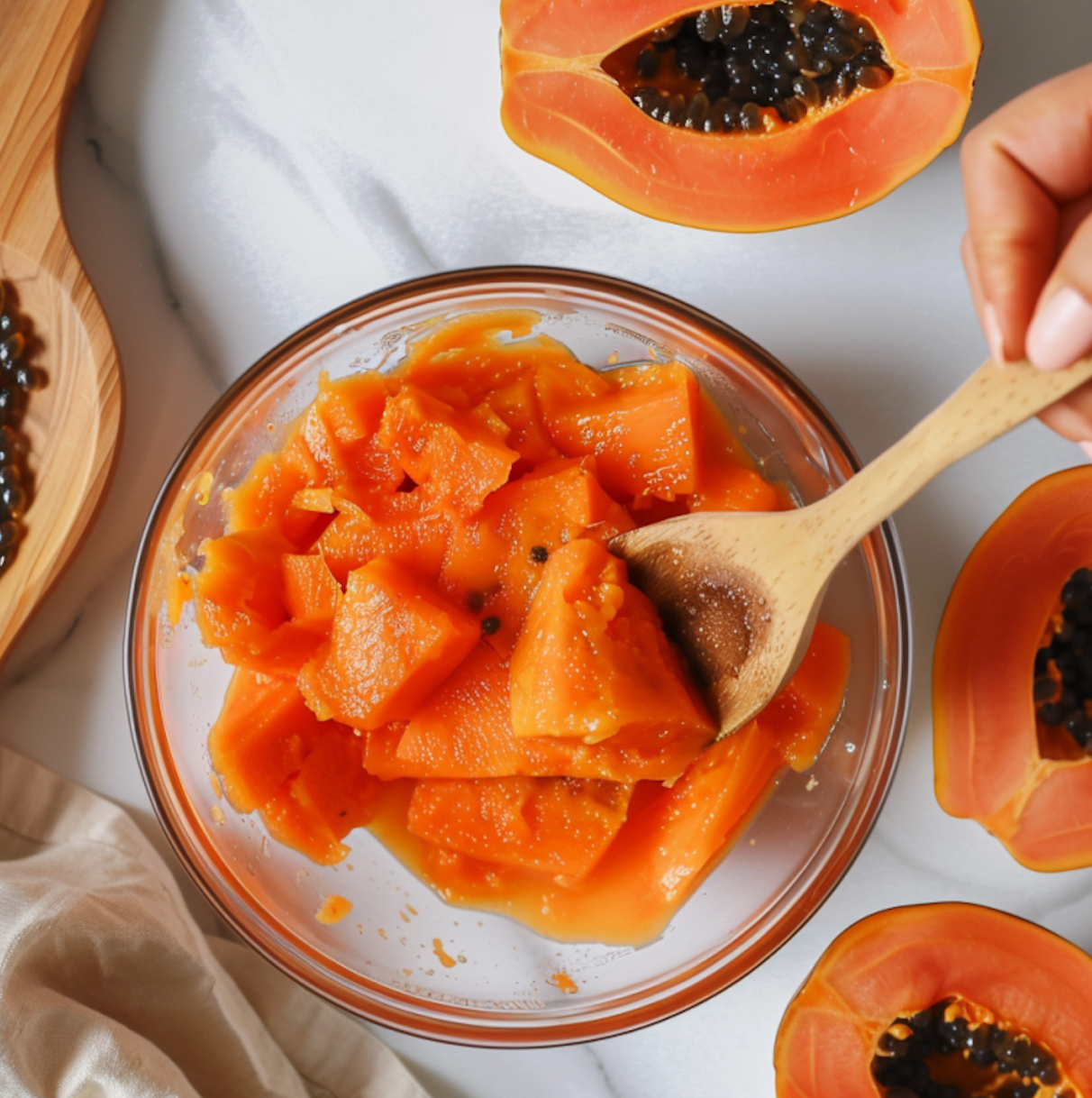 Fresh papaya being mixed in a bowl as a natural ingredient for skin care