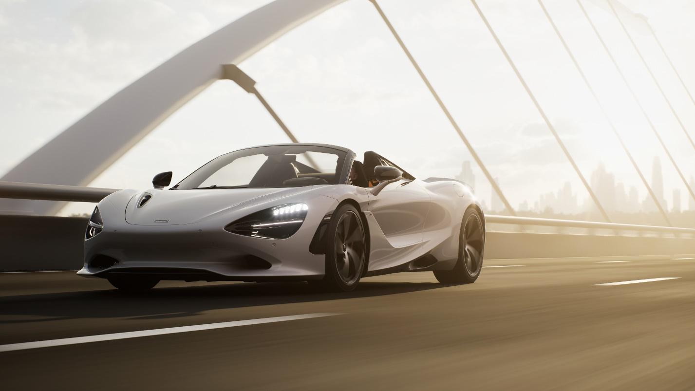 A white sports car driving on a bridge

Description automatically generated