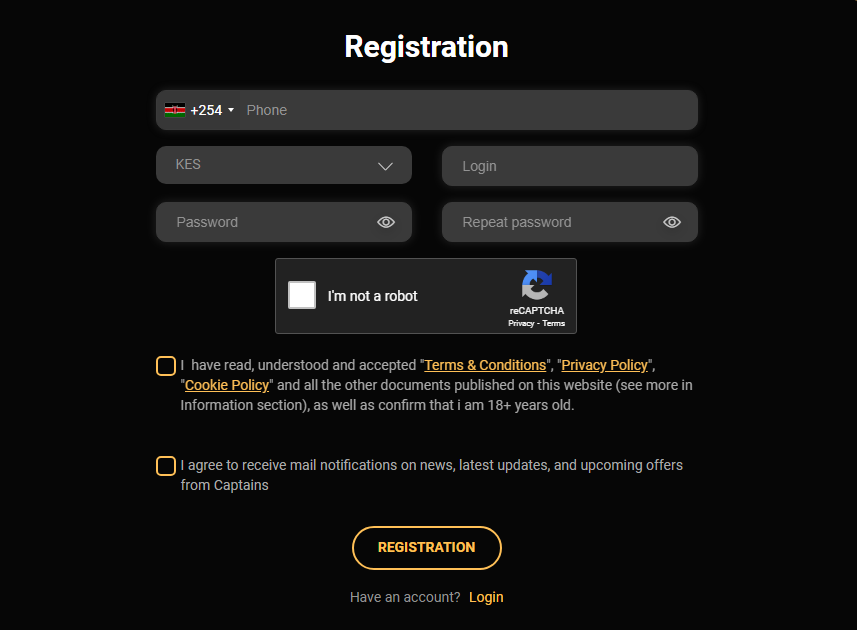 Captainsbet registeration form