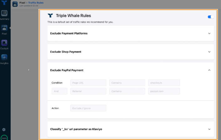 Triple Whale’s Traffic Rules dashboard allows you to set various automation parameters like excluding payment platforms, shop payments, and PayPal Payments.