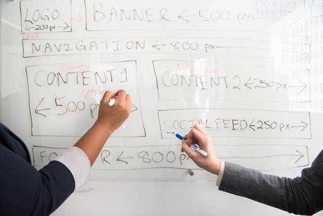 Two people using markers to write and draw a layout on a whiteboard 