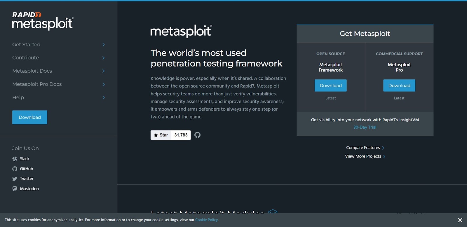 A screenshot of Metasploit's website