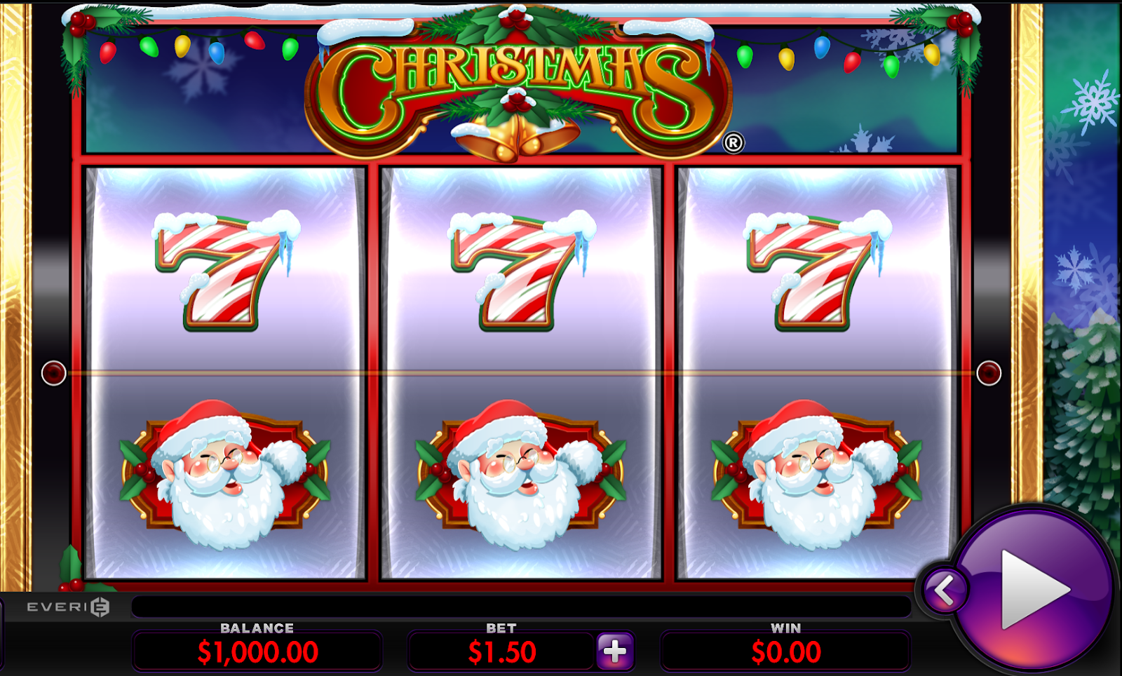 A screenshot of a video game with santa clause and number 7 as a candy cane in the background.
