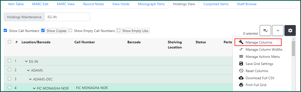 Click manage columns to open a modal