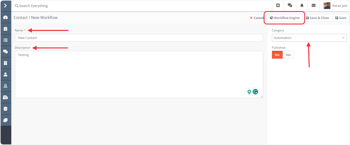Provide a name and description for your workflow, select a category (optional), and then click 'Workflow Engine' in the top menu.