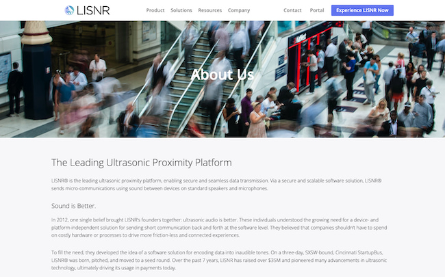 Screenshot of LISNR website sales pitch