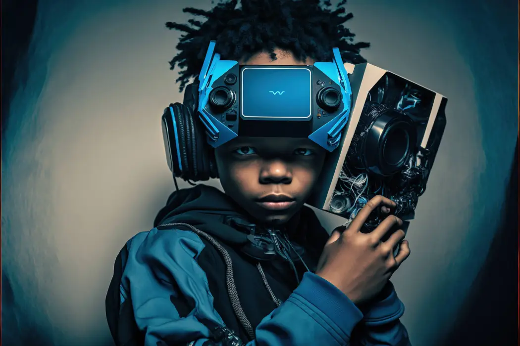 A young boy wearing a virtual reality headset.