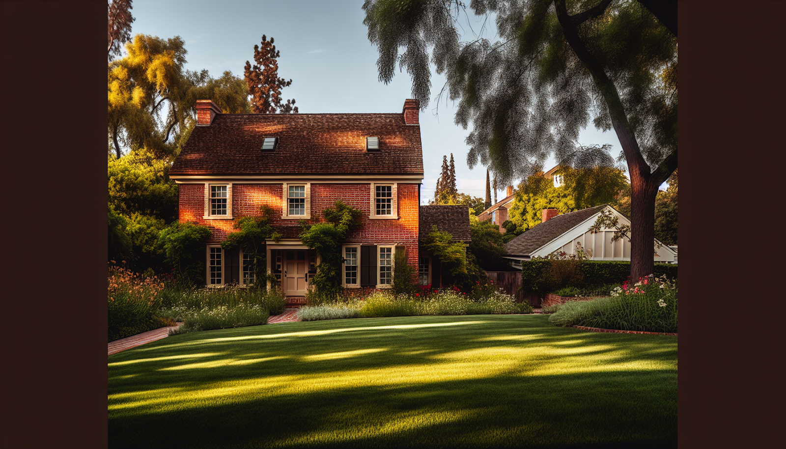 Charming two-story brick house surrounded by a lush, well-maintained garden, showcasing the timeless appeal and durability of brick construction.