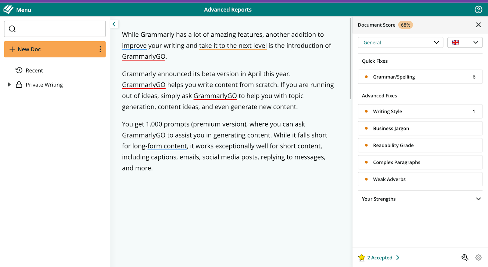 ProWritingAid user interface