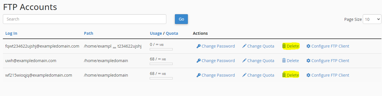 Delete cPanel FTP Accounts