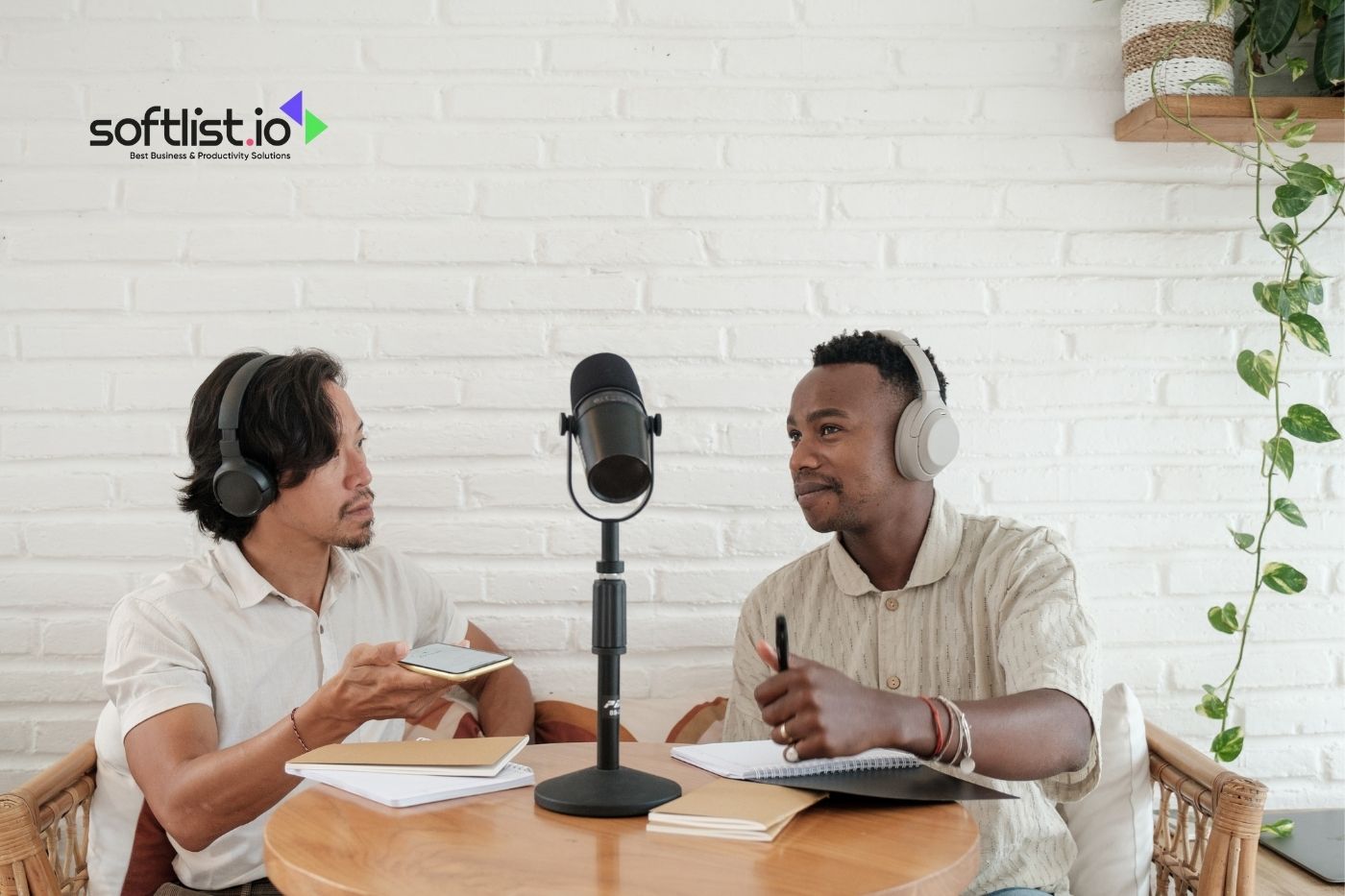 Two men podcasting with notes and microphone