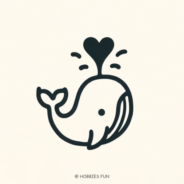 whale easy drawing, Whale with Heart-shaped Fountain