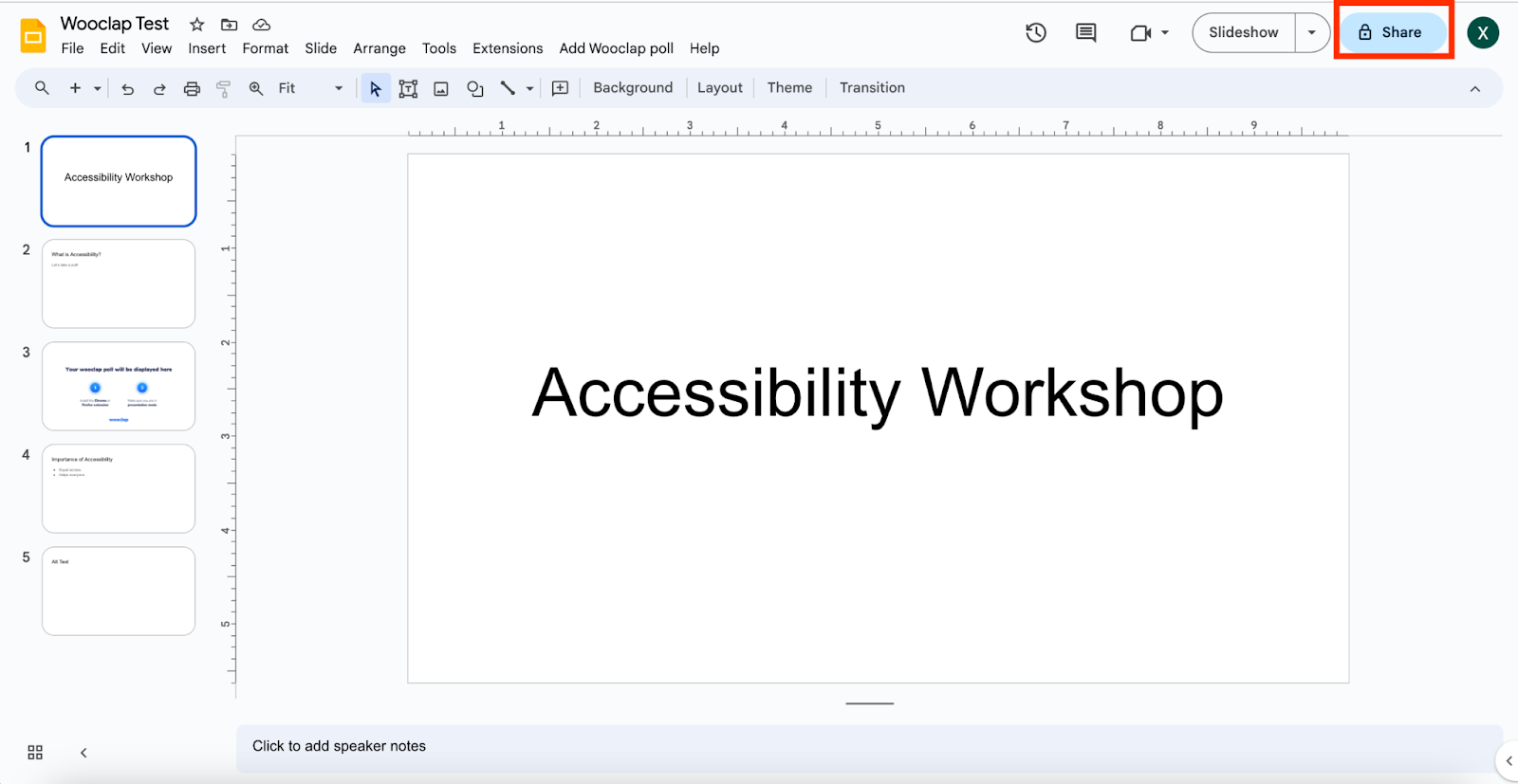 The Google Slides slidedeck interface, a red box highlights the "Share" button on the top right.