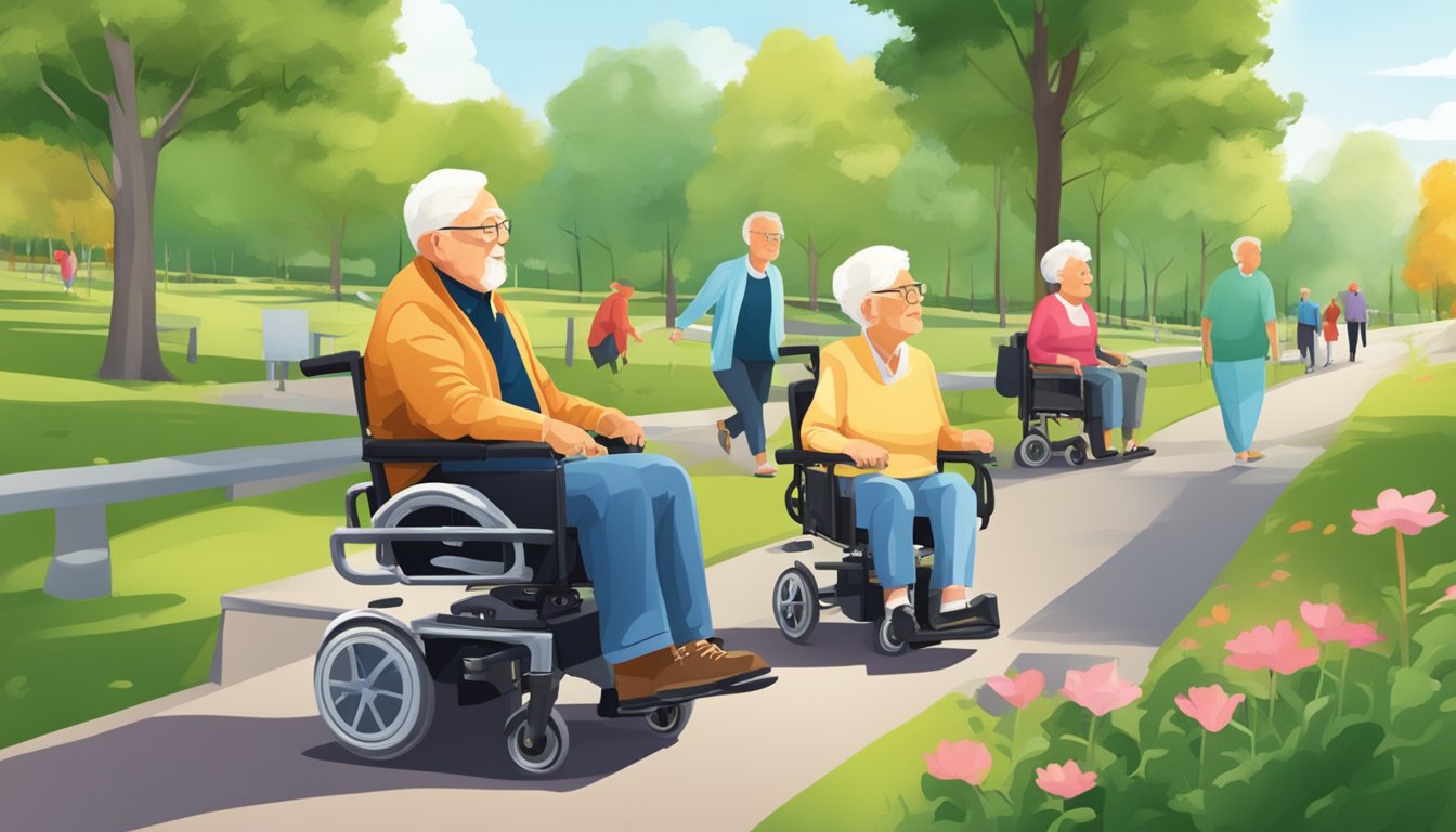 Elderly individuals in electric wheelchairs navigating a park path